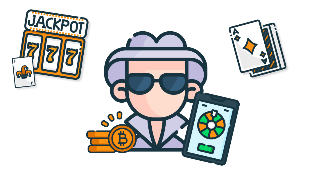 En person som bär kappa, hatt och solglasögon med ikoner för ett mobilcasino, jackpottsymboler, kryptomynt och kort.