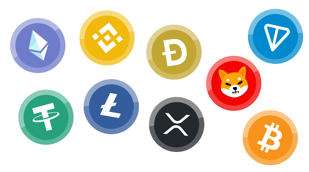 Olika kryptovalutor inklusive: Ethereum, Tether, Binance, Bitcoin, Shiba Inu, Dogecoin, Ton, Litecoin och Ripple