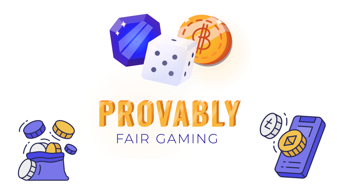 Provably Fair Gaming-logotyp med en ikon av en påse med mynt och en telefon med kryptomynt