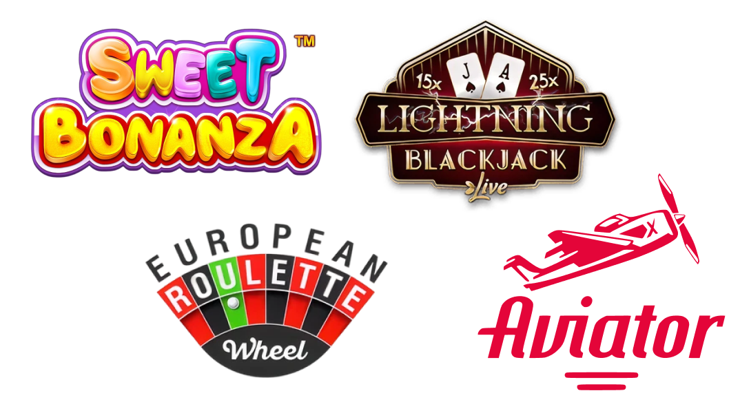 Olika typer av casinospelslogotyper inklusive: Slot, online roulette, live blackjack och Crash Games